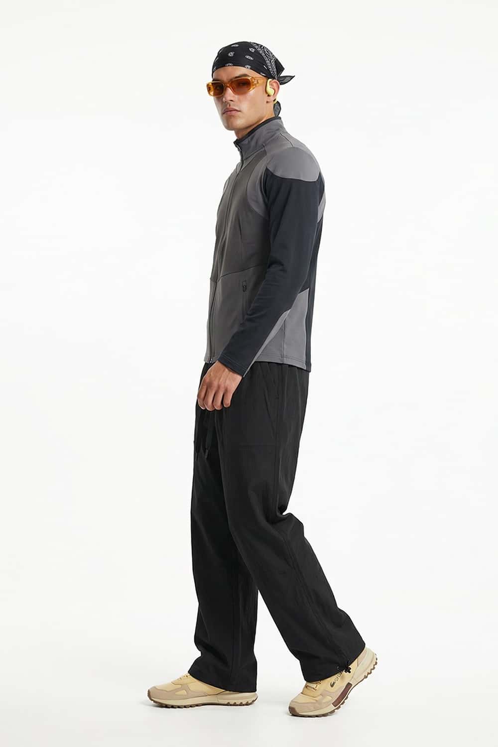 Waterproof Drawcord Cargo Pants in Black - full-length side modeled view