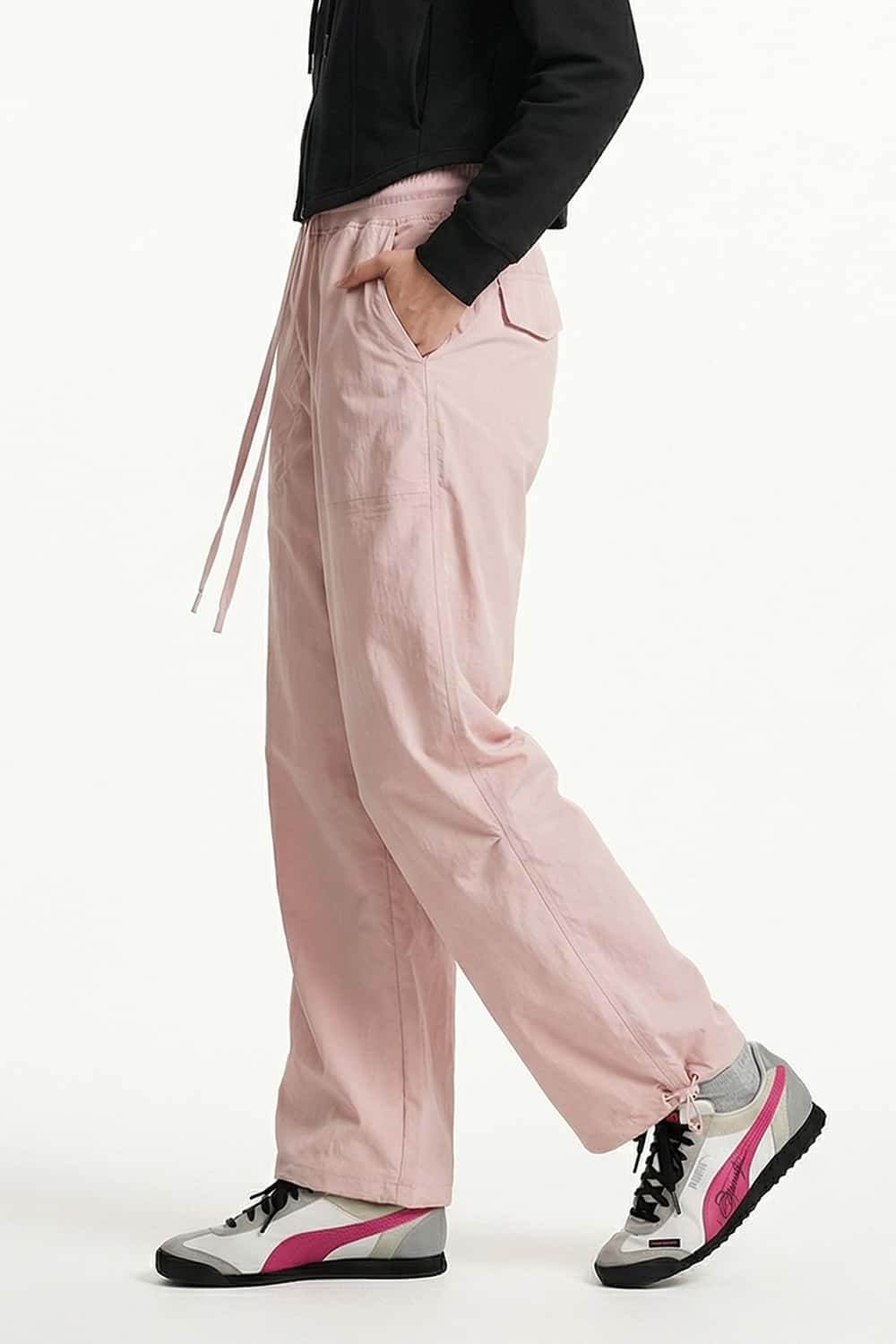 Waterproof Drawcord Cargo Pants in Pink - side modeled view