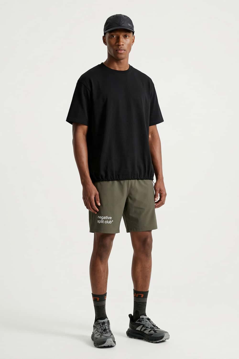 Adjustable-Hem Quick-Drying T-Shirt in Black - full-length front modeled view