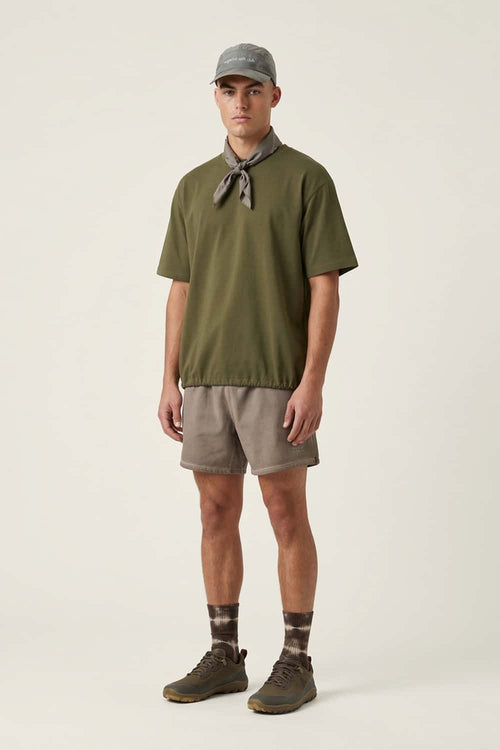Adjustable-Hem Quick-Drying T-Shirt in Military Green - full-length front modeled view
