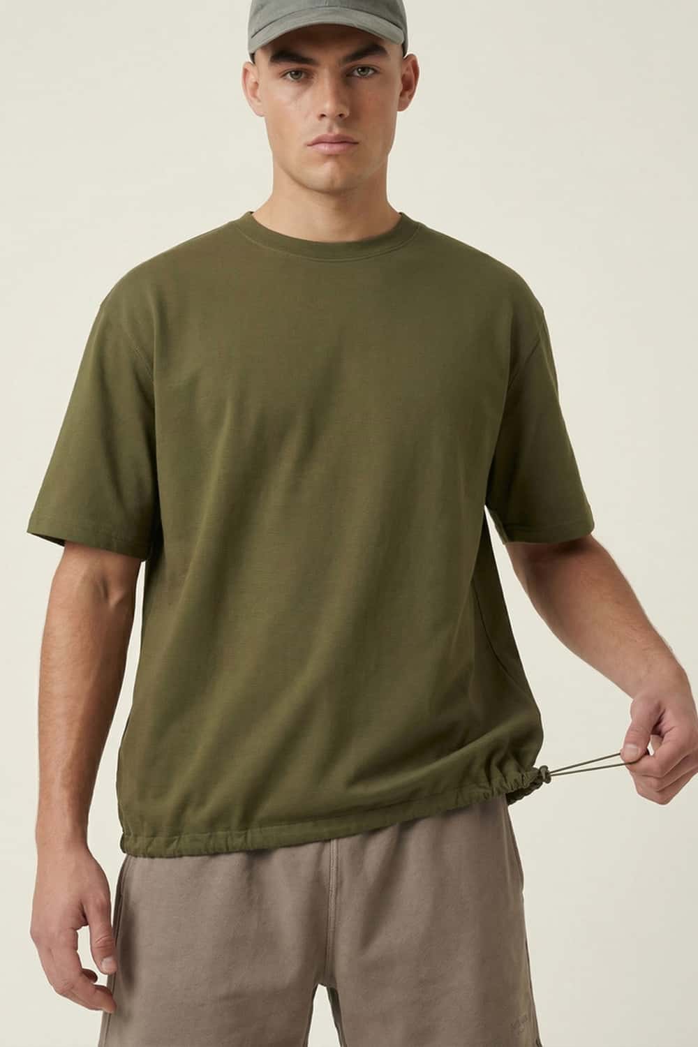 Adjustable-Hem Quick-Drying T-Shirt in Military Green - front modeled view