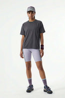 Quick-Drying Curved-Seam Sports T-Shirt in Dark Gray - full-length front modeled view