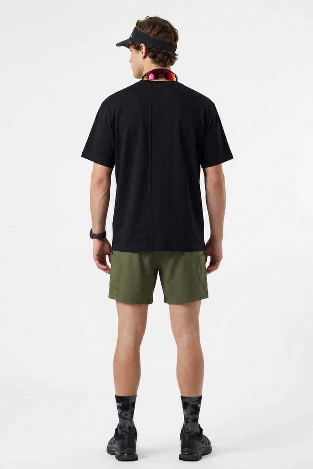 Cool-Touch Panelled T-Shirt in Black - full-length back modeled view