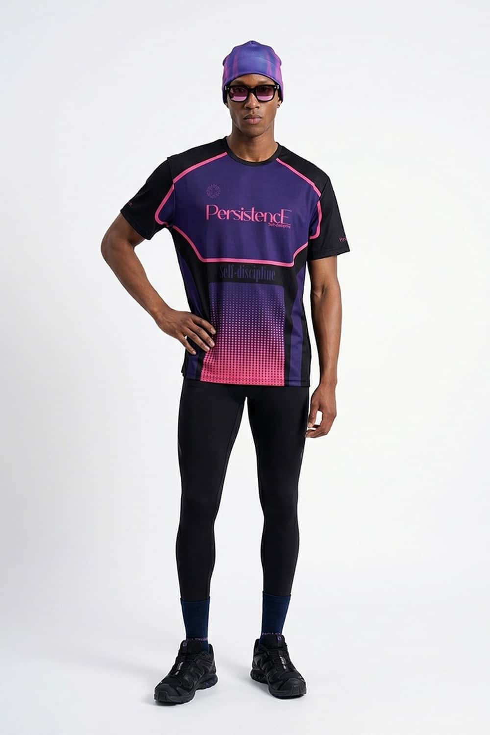 Breathable Panelled Graphic Sports T-Shirt in Black - full-length front modeled view