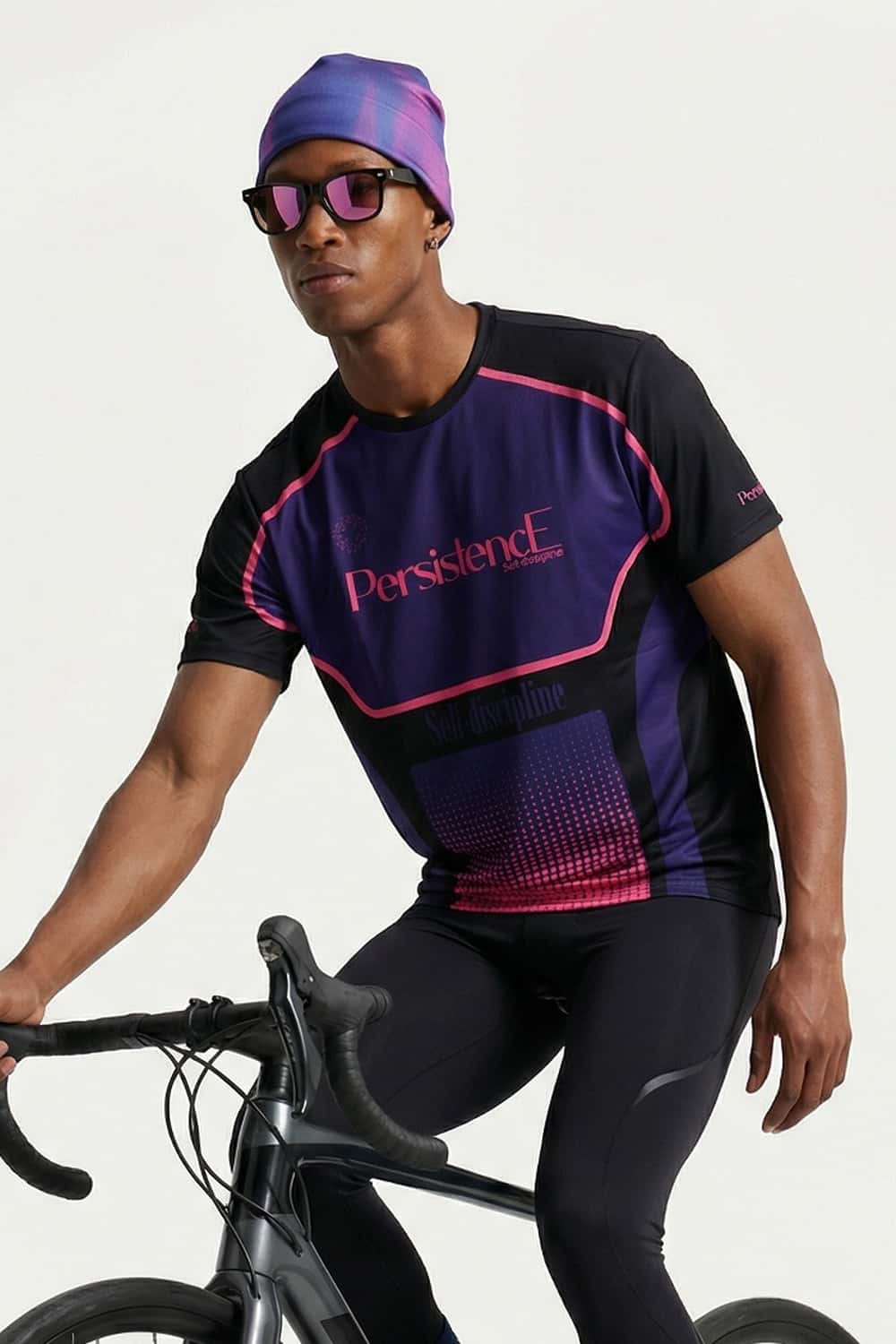 Breathable Panelled Graphic Sports T-Shirt in Black - full-length front modeled view