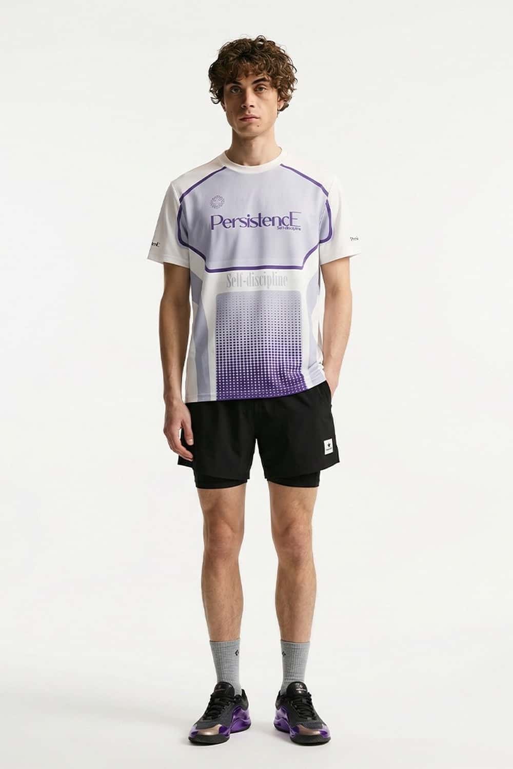 Breathable Panelled Graphic Sports T-Shirt in White - full-length front modeled view