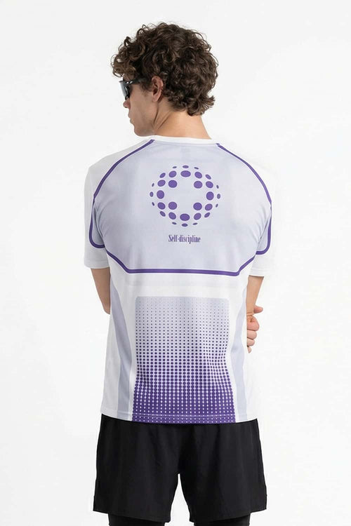 Breathable Panelled Graphic Sports T-Shirt in White - full-length back modeled view