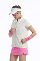 Breathable Four-Pocket Zip Vest in Beige - three-quarter front modeled view