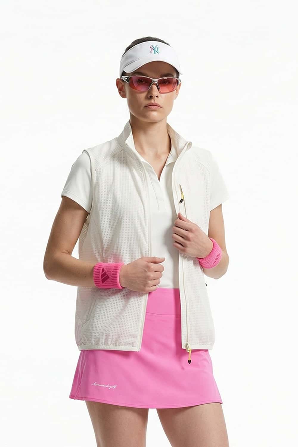 Breathable Four-Pocket Zip Vest in Beige - three-quarter front modeled view
