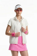 Breathable Four-Pocket Zip Vest in Beige - three-quarter front modeled view