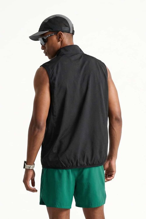 Breathable Four-Pocket Zip Vest in Black - back modeled view