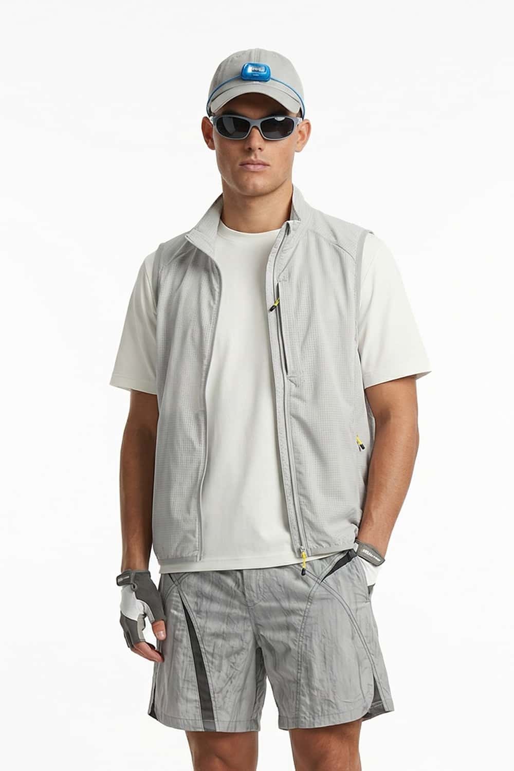 Breathable Four-Pocket Zip Vest in Gray - three-quarter front modeled view