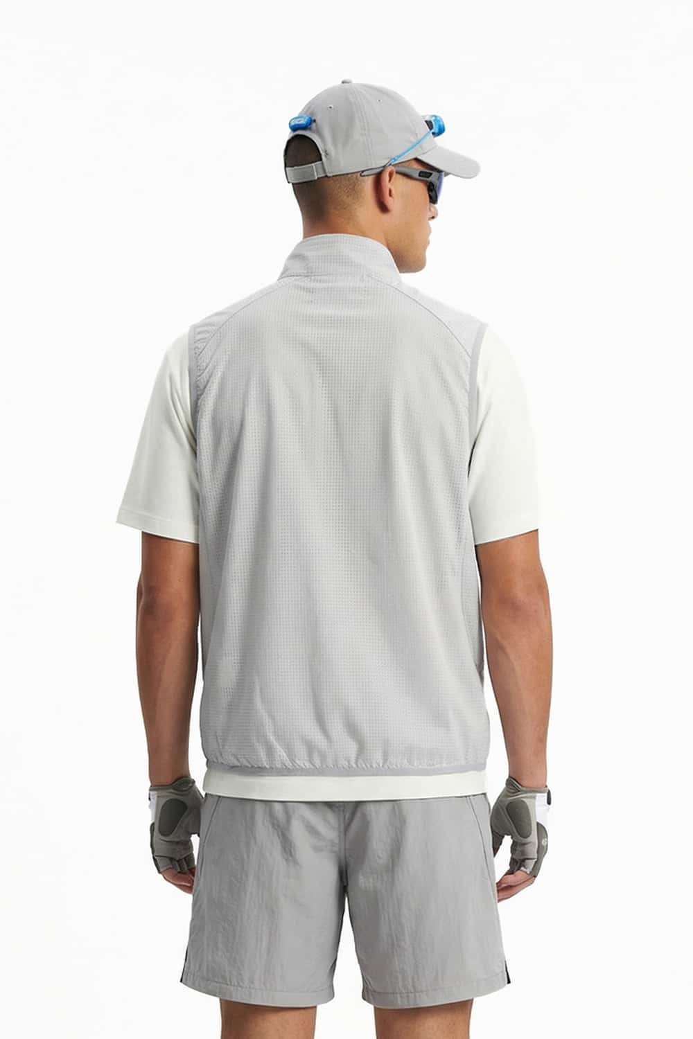 Breathable Four-Pocket Zip Vest in Gray - back modeled view