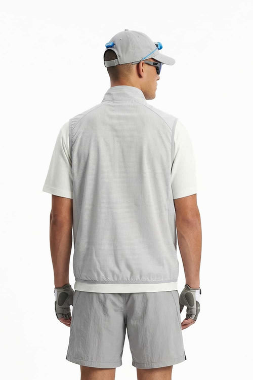 Breathable Four-Pocket Zip Vest in Gray - back modeled view