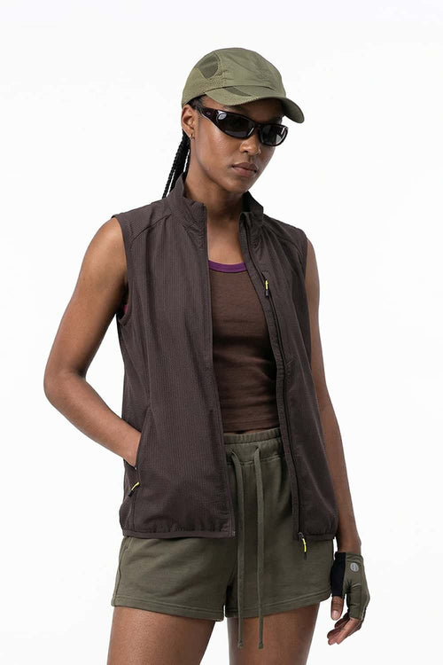 Breathable Four-Pocket Zip Vest in Vintage Purple - three-quarter front modeled view