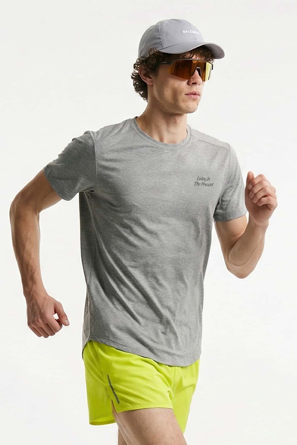 Skin-Friendly Curved-Hem Graphic T-Shirt in Flower Gray - three-quarter front modeled view