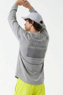 Skin-Friendly Curved-Hem Graphic T-Shirt in Flower Gray - back modeled view