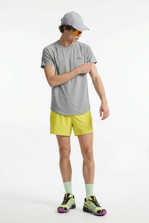 Skin-Friendly Curved-Hem Graphic T-Shirt in Flower Gray - full-length front modeled view