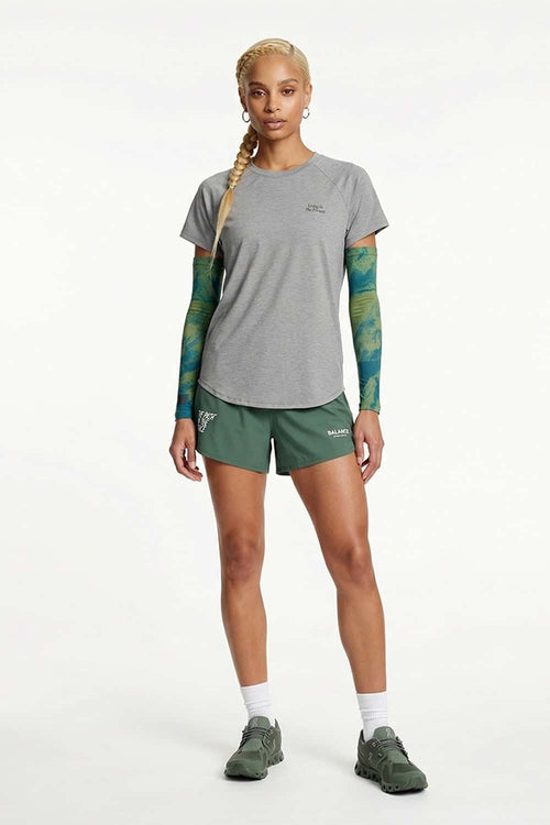 Skin-Friendly Curved-Hem Graphic T-Shirt in Flower Gray - full-length front modeled view