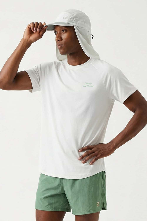 Skin-Friendly Curved-Hem Graphic T-Shirt in White - three-quarter front modeled view