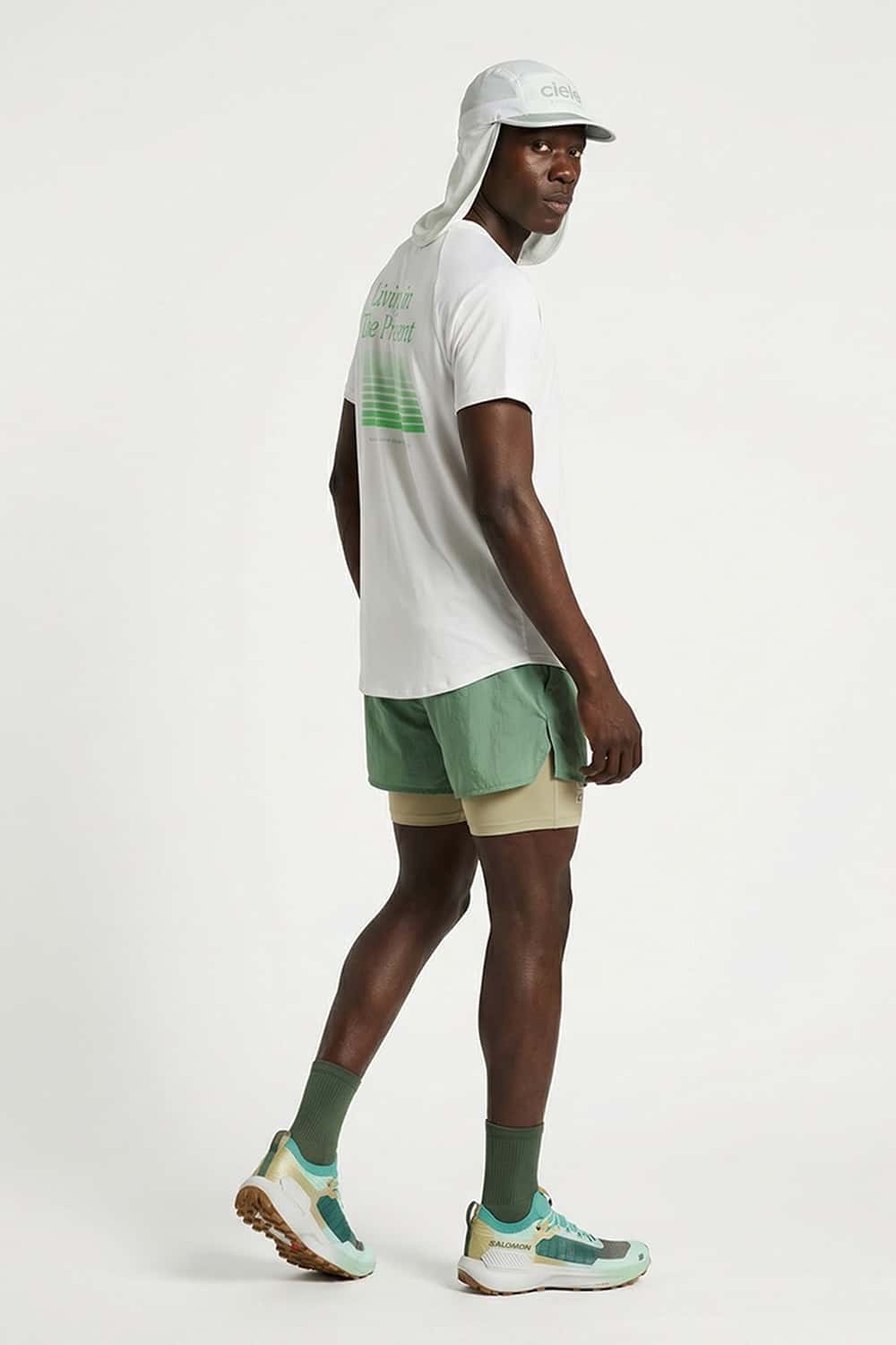 Skin-Friendly Curved-Hem Graphic T-Shirt in White - rear three-quarter modeled view