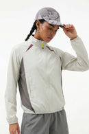 Sun-Protective Panelled Zip Jacket in Beige - front modeled close-up