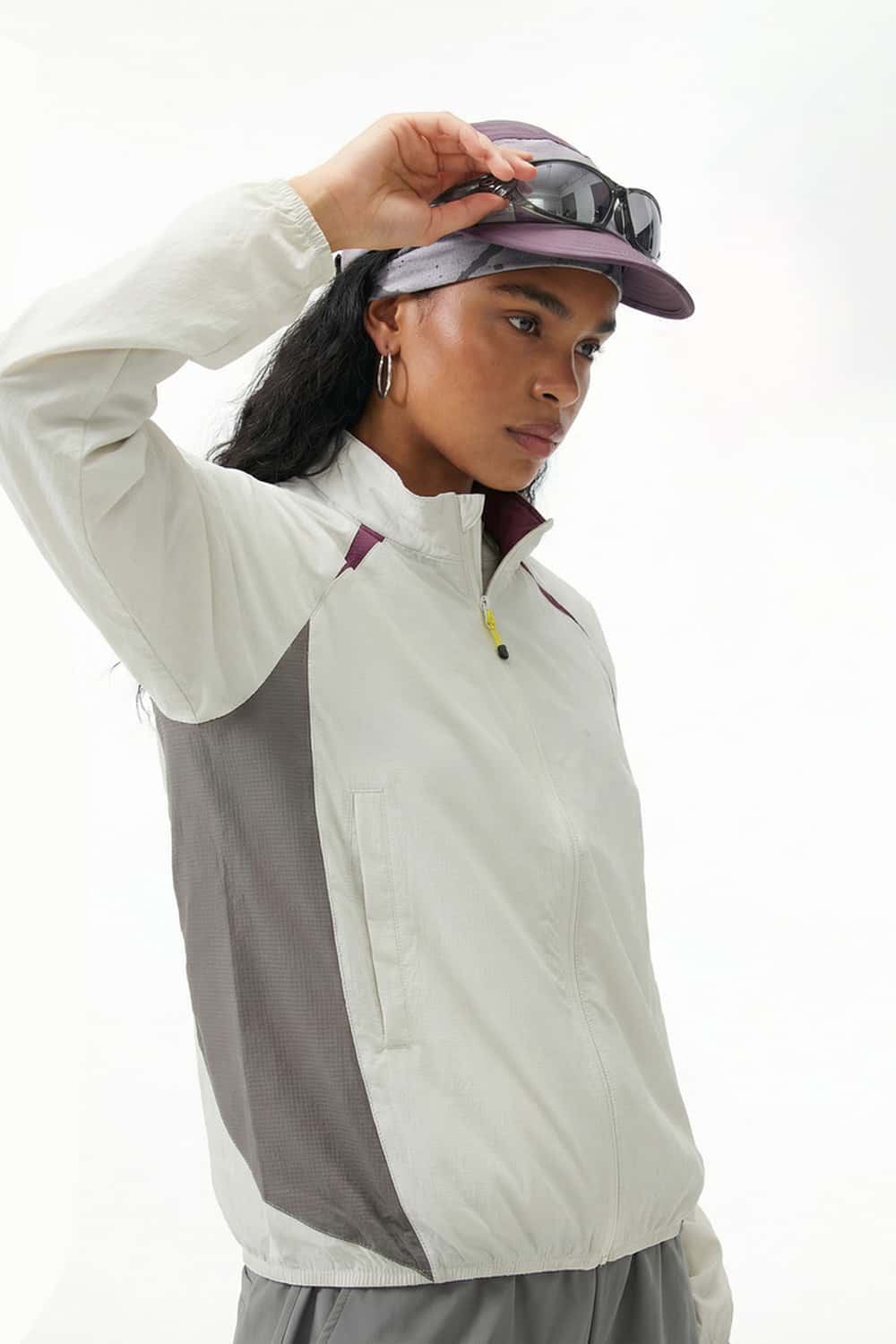 Sun-Protective Panelled Zip Jacket in Beige - three-quarter front modeled view