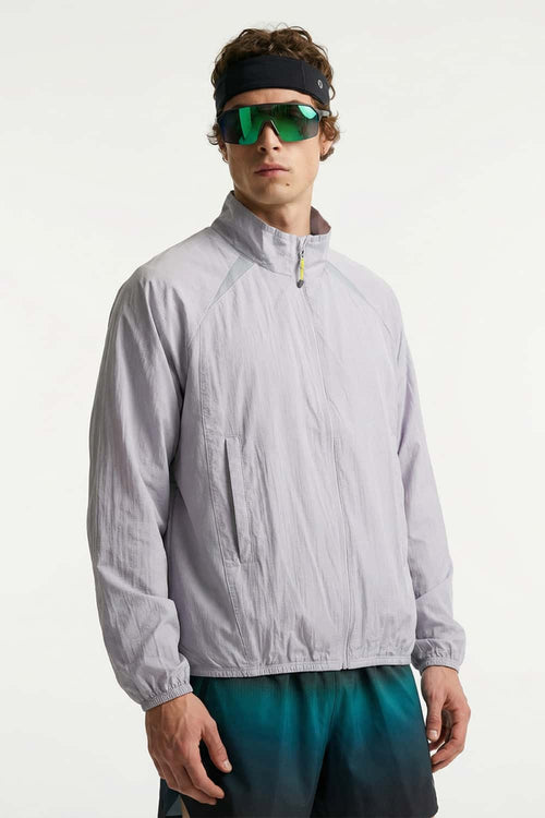 Sun-Protective Panelled Zip Jacket in Purple - front modeled close-up