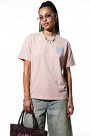 Relaxed Runner Graphic T-Shirt in Pale Pink - front modeled close-up