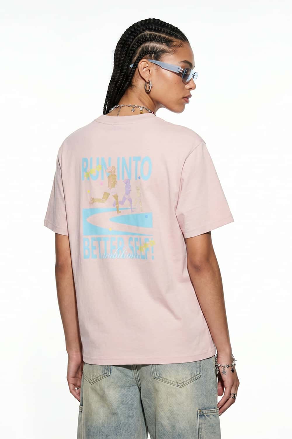 Relaxed Runner Graphic T-Shirt in Pale Pink - back modeled view