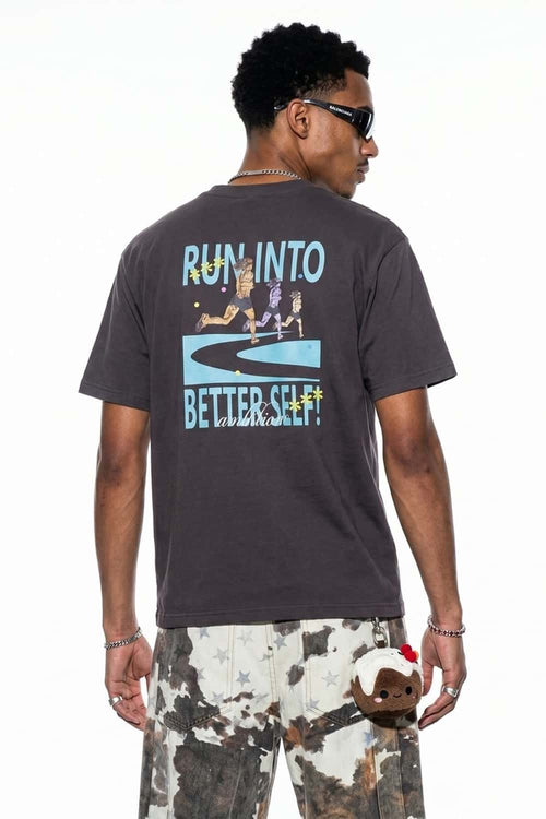 Relaxed Runner Graphic T-Shirt in Plum Purple - back modeled view