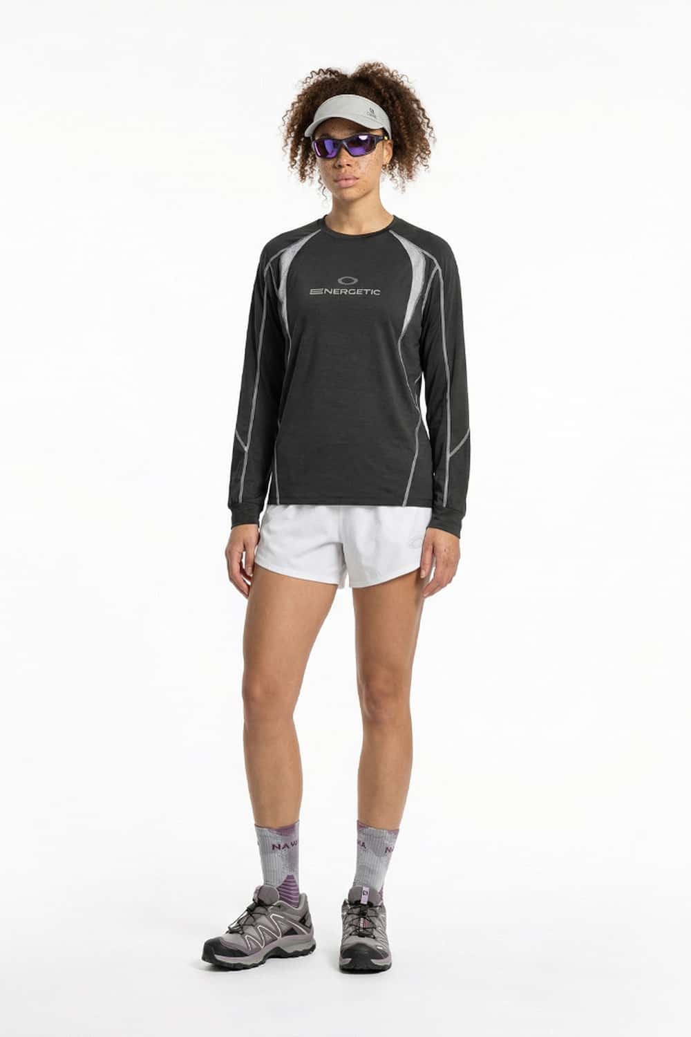 Panelled Long-Sleeve Top in Black - full-length front modeled view