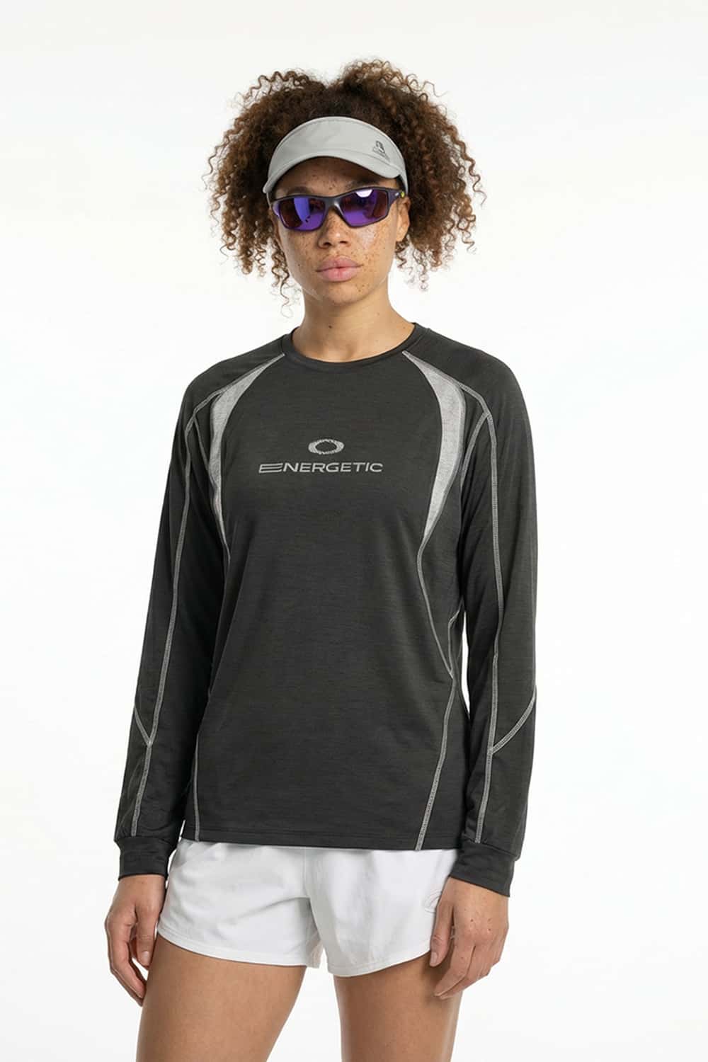 Panelled Long-Sleeve Top in Black - front modeled view