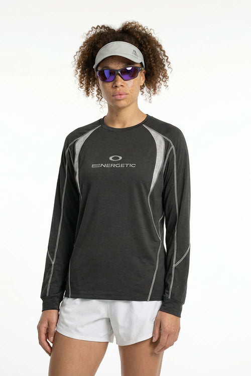 Panelled Long-Sleeve Top in Black - front modeled view