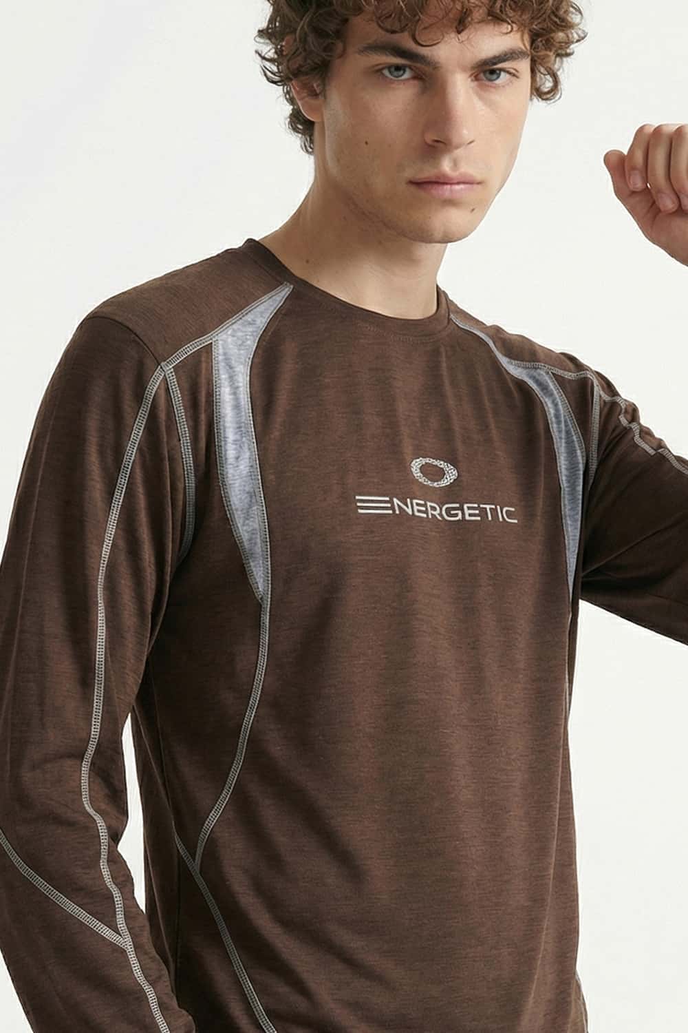 Panelled Long-Sleeve Top in Brown - front modeled view