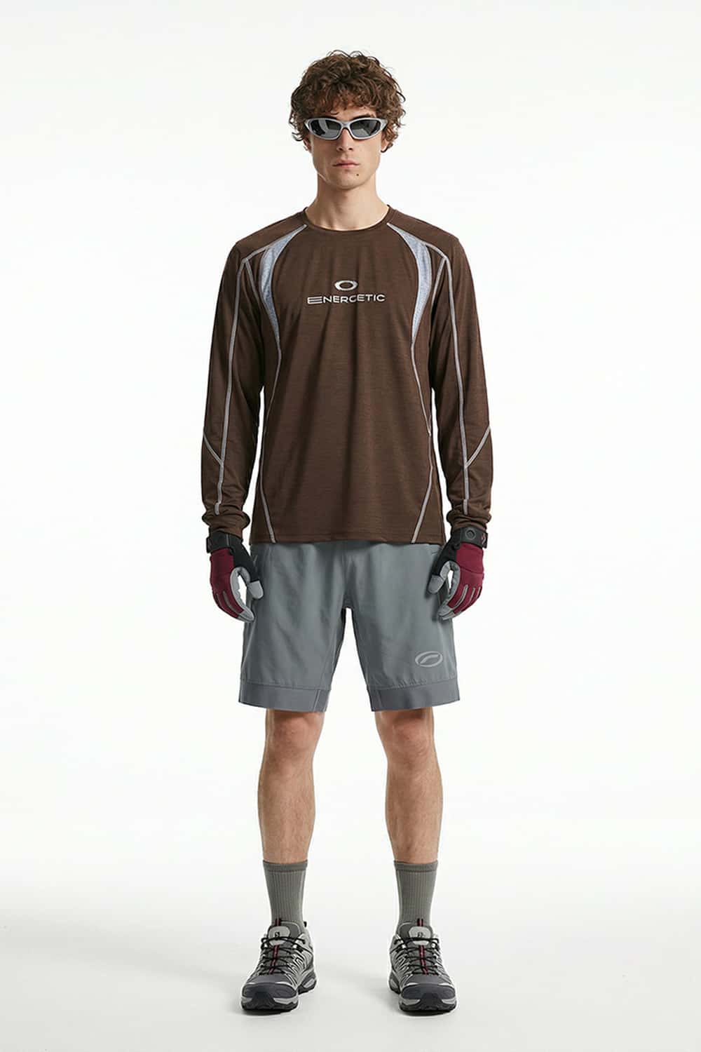 Panelled Long-Sleeve Top in Brown - full-length front modeled view