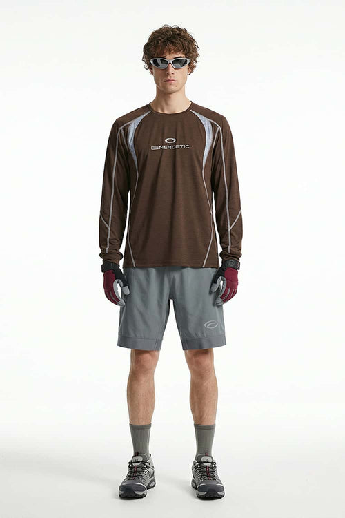 Panelled Long-Sleeve Top in Brown - full-length front modeled view