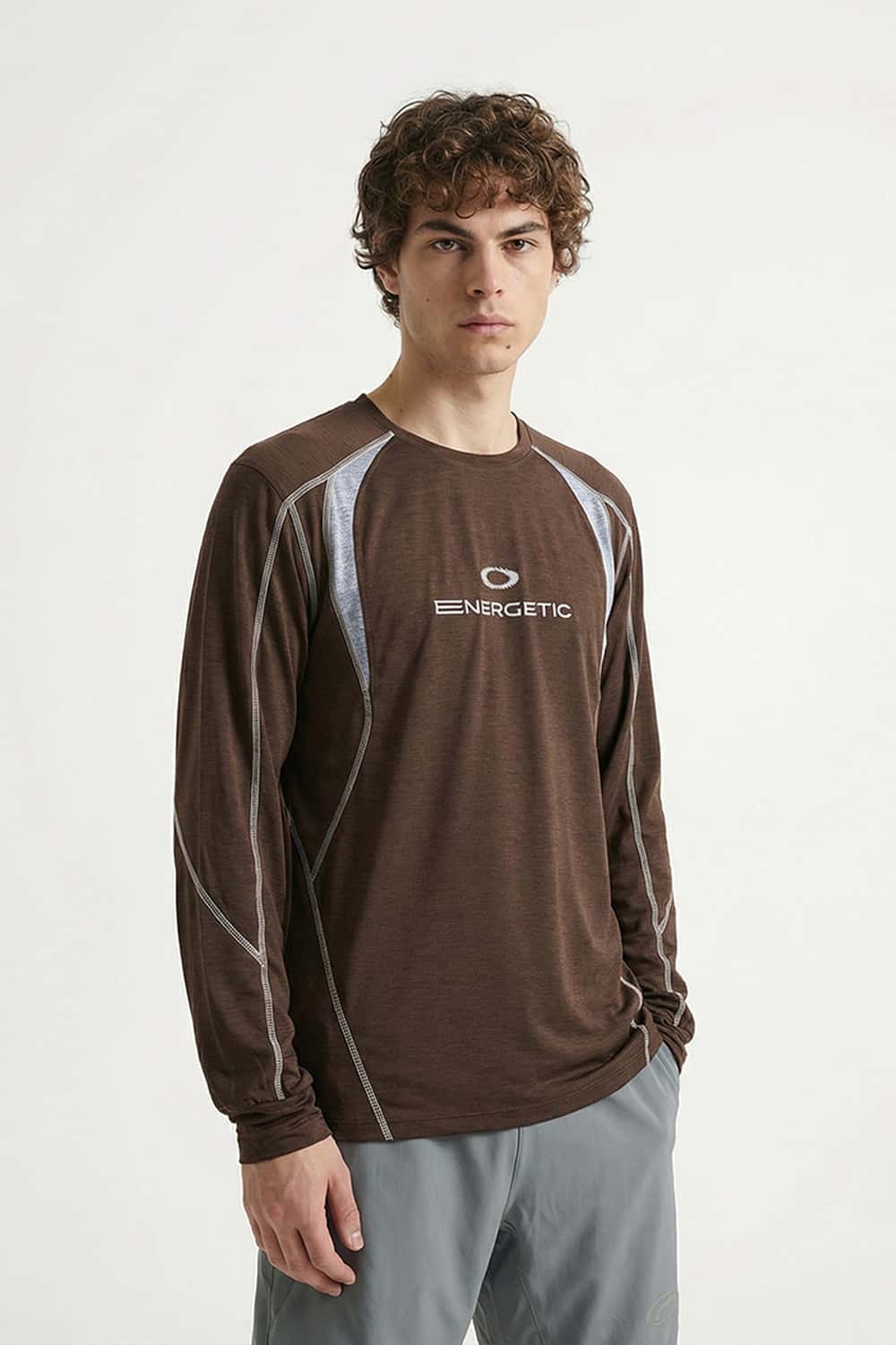 Panelled Long-Sleeve Top in Brown - front modeled view