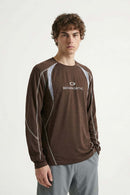 Panelled Long-Sleeve Top in Brown - front modeled view