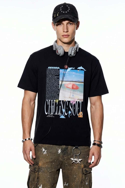 Relaxed Beach Graphic T-Shirt in Active Black - full-length front modeled view