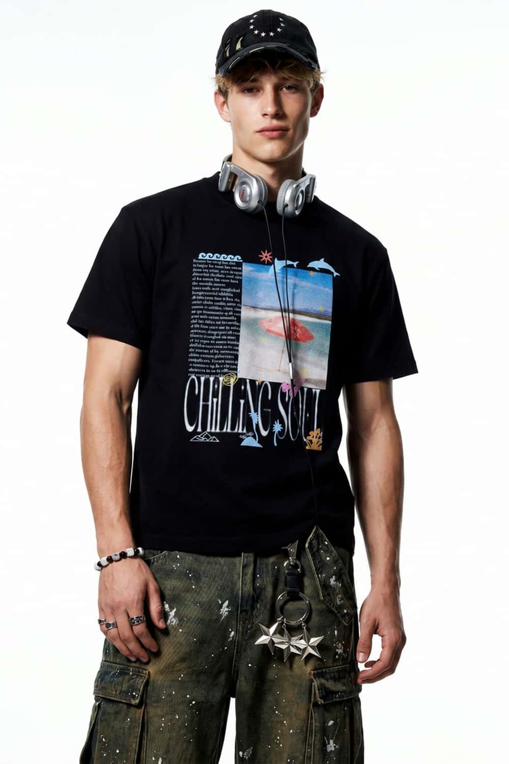 Relaxed Beach Graphic T-Shirt in Active Black - full-length front modeled view