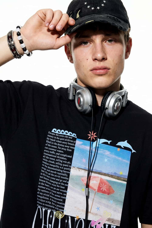Relaxed Beach Graphic T-Shirt in Active Black - full-length front modeled view