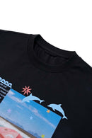 Relaxed Beach Graphic T-Shirt in Active Black - collar detail