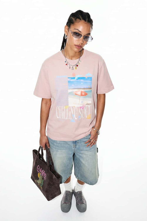 Relaxed Beach Graphic T-Shirt in Pale Pink - full-length front modeled view