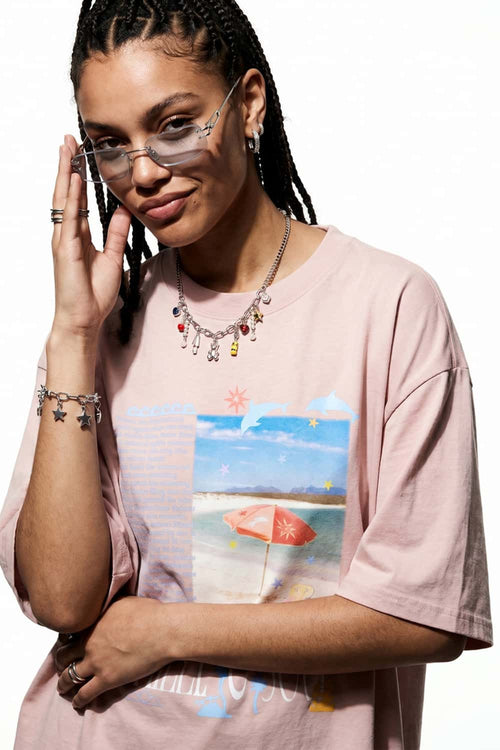 Relaxed Beach Graphic T-Shirt in Pale Pink - full-length front modeled view