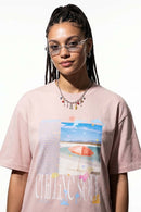 Relaxed Beach Graphic T-Shirt in Pale Pink - full-length front modeled view