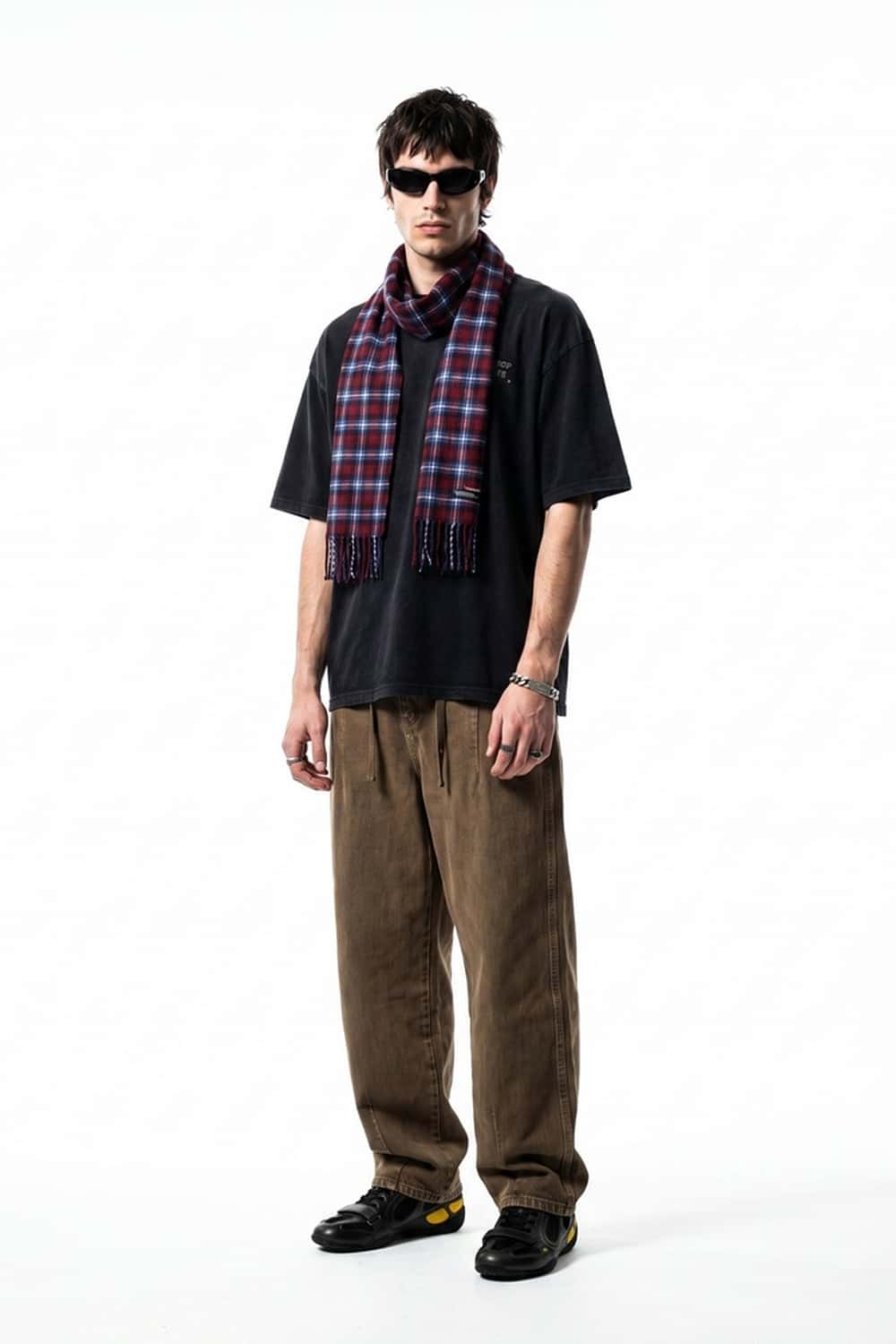 Relaxed Wide-Leg Cotton Trousers in Coffee - full-length front modeled view