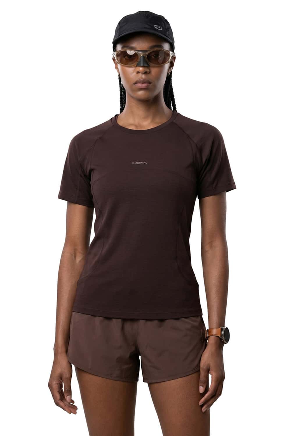 Women's Quick-Drying Fitted T-Shirt in Brown - front modeled close-up