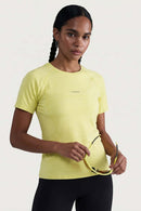 Women's Quick-Drying Fitted T-Shirt in Yellow - front modeled close-up