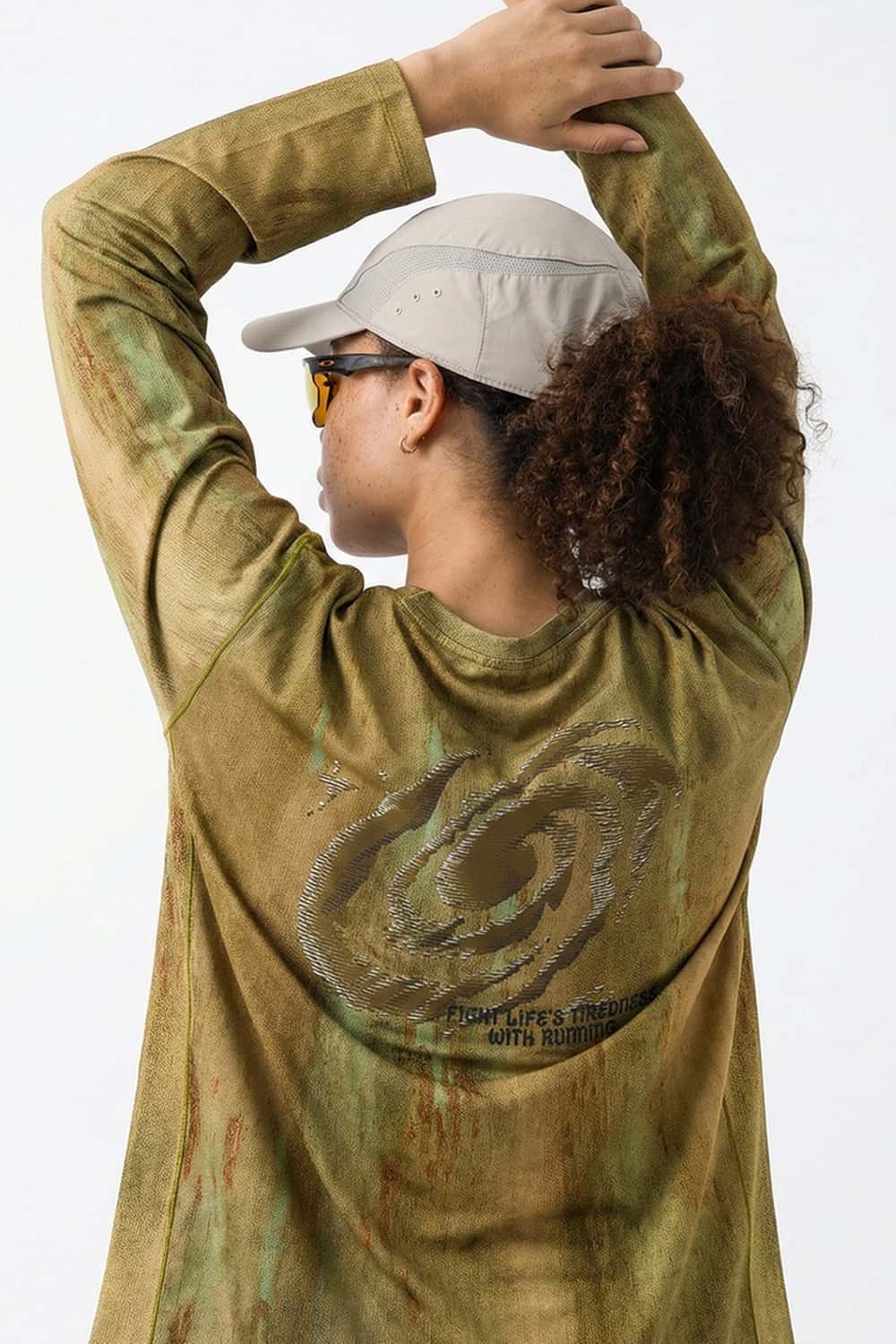 Relaxed Mottled-Print Long-Sleeve Top in Sand Stone - back modeled view
